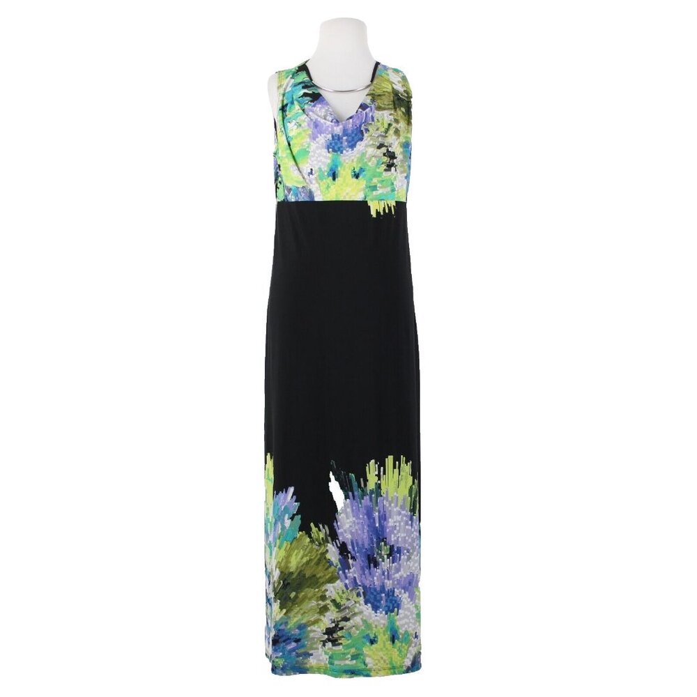 Silky Sz M Green Black Multicolor Silver Necklace Travel Polyester Spandex Dress